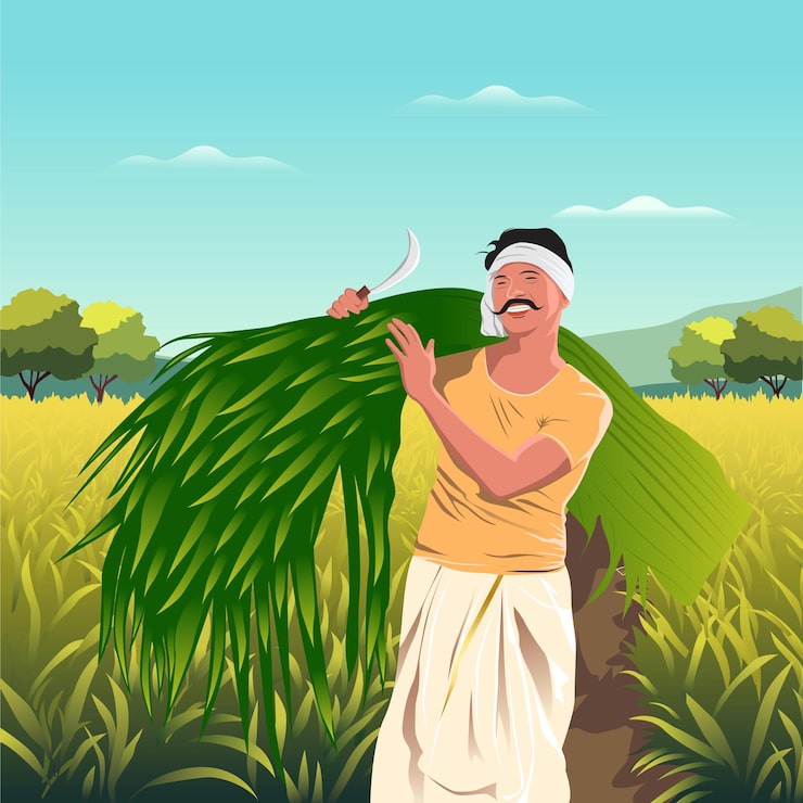 Indian farmer holding freshly harvested green crops in a field